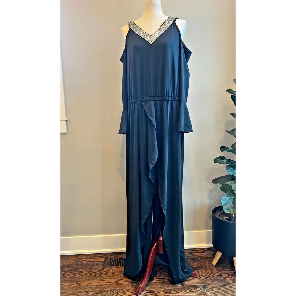 Black Cold Shoulder Bell Sleeve Wide Leg Jumpsuit with Sequin Neckline NEW
